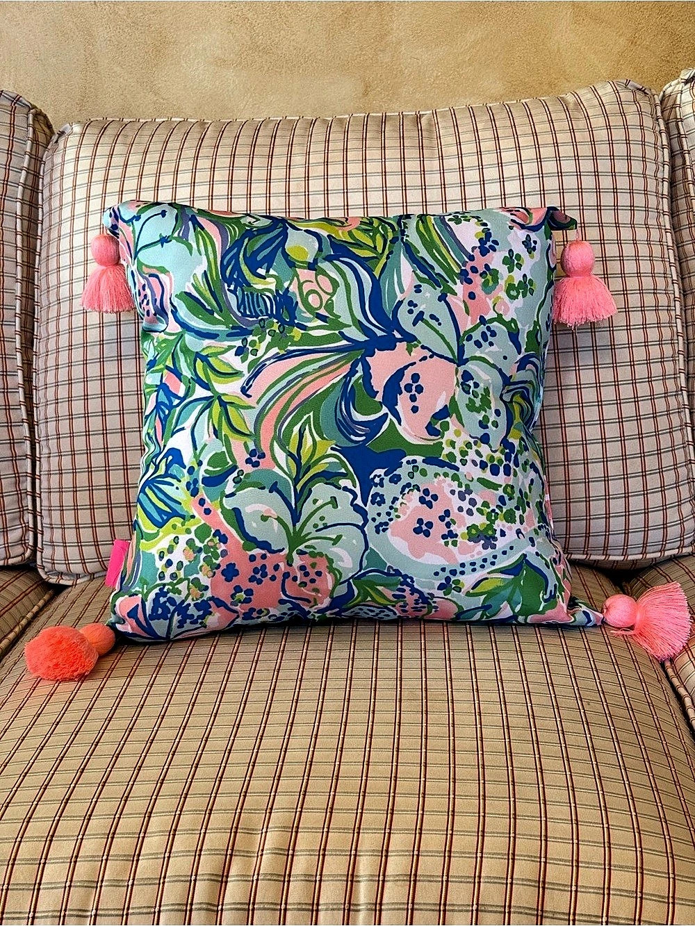 Lilly Pulitzer Floral Tassel Accent Pillow in Blue & Pink Like New
